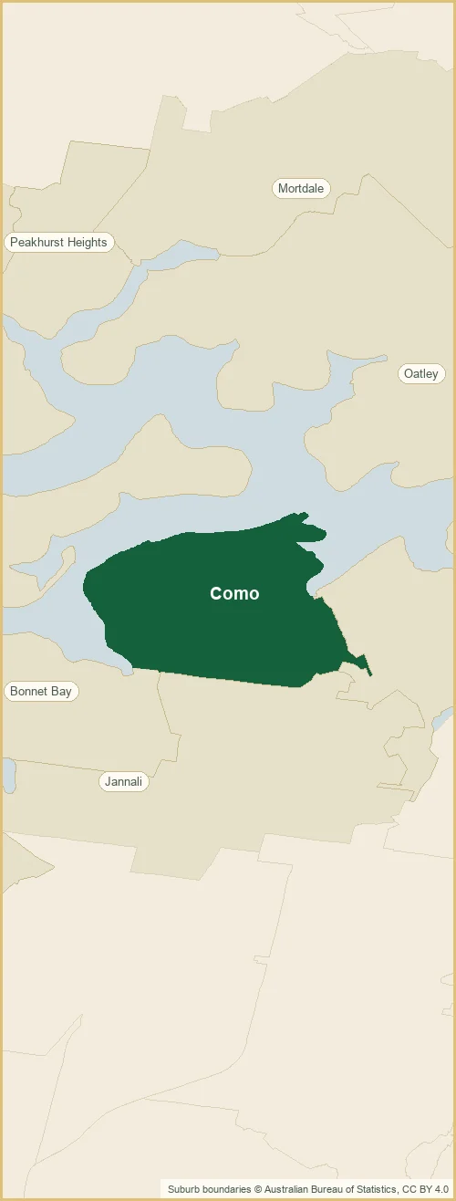 Map of the Como plumbing service area, with Como shaded and the surrounding suburbs marked: Oyster Bay, Jannali, Bonnet Bay out to Woronora, Illawong, Alfords Point and more
