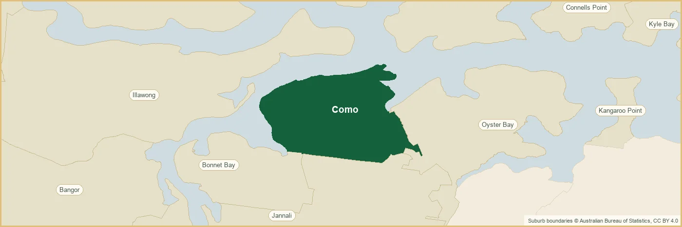 Map of the Como plumbing service area, covering Oyster Bay, Jannali, Bonnet Bay, Woronora, Illawong, Alfords Point, Bangor, Oatley, Mortdale, Lugarno, Peakhurst Heights, Connells Point, Kangaroo Point, Hurstville Grove, Blakehurst, Kyle Bay, Oyster Bay, Jannali and Bonnet Bay